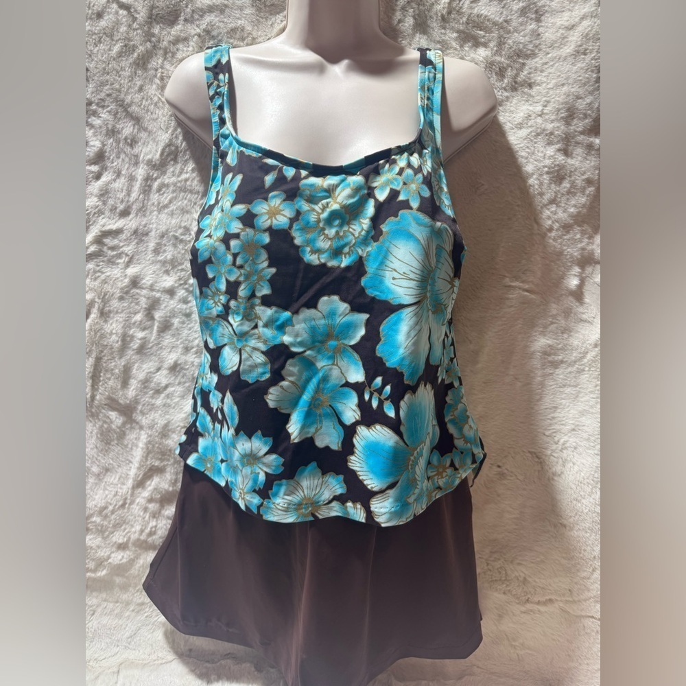 Maxine of Hollywood Bathing Suit Sz 14 Swim Dress Padded Blue Floral One Piece